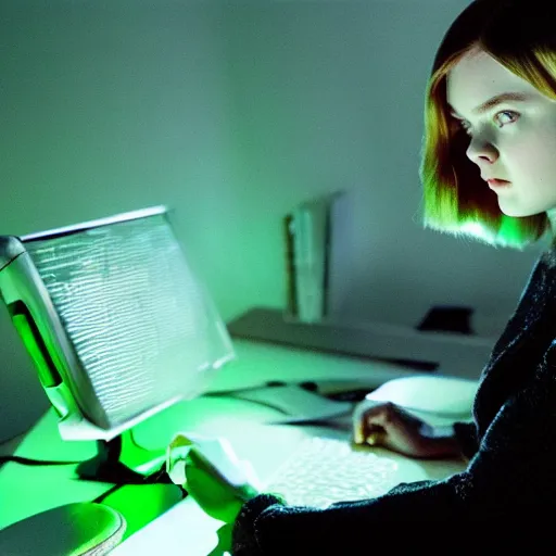 Prompt: Elle Fanning hacking a computer, dreamscape, dramatic green lighting, ink illustration