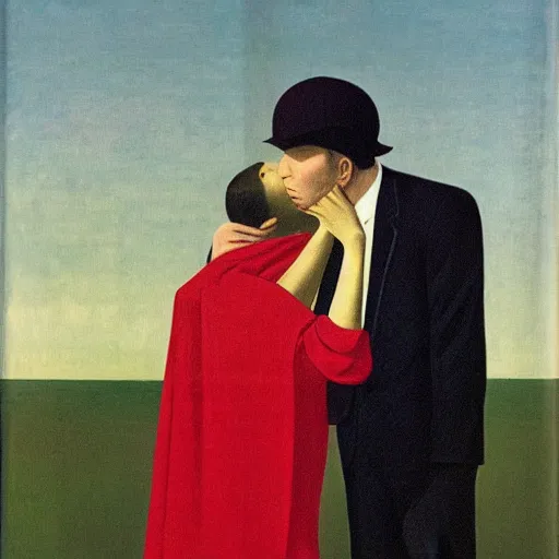 Image similar to a woman in a red dress kissing a man in a suit with both of them having a blanket completely covering their heads, rene magritte style