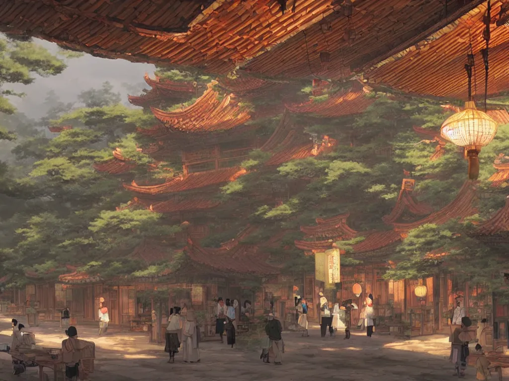 Image similar to Tea houses in ancient China are full of traffic，Epic image quality，Makoto Shinkai style