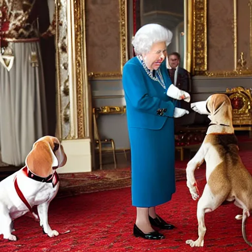 Prompt: a beagle meeting queen Elizabeth II, photography