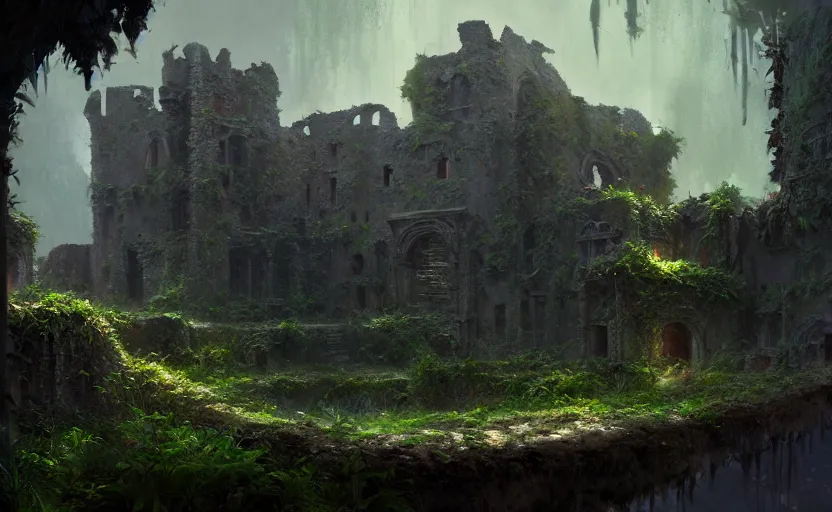 Image similar to ruins of an old castle covered by plants with moody and cinematic lighting by greg ruthkowski and craig mullins, cinematic and atmospheric, concept art, artstation, trending on artstation