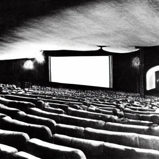 Image similar to 1 9 5 0's movie theatre, full audience all wearing vr headsets. image taken at front of theatre looking towards the crowd. dark only light coming from the screen. audience illuminated