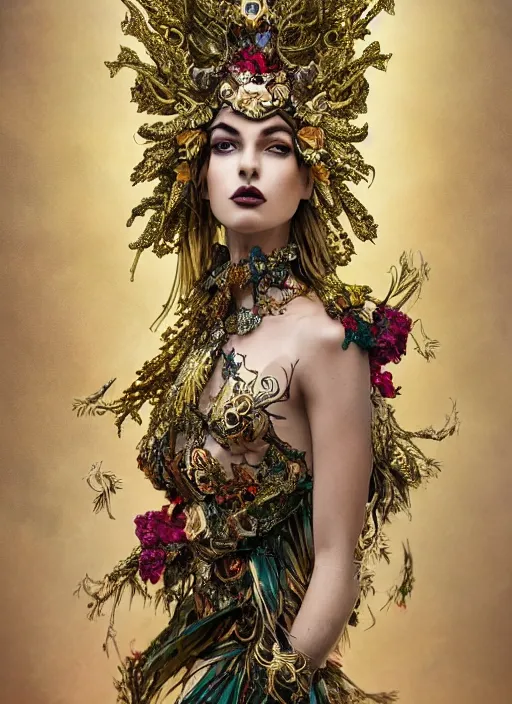 Prompt: expressive full body photo of a female model, ornate headpiece made from flowers, ornaments, glamour shot, by karol bak, by stefan gesell, photorealistic, canon r 3, fashion photography, detailed and intricate, perfect body shape, hyper maximalist, elegant, ornate, luxury, elite, environmental portrait, symmetrical features, octane render, unreal engine