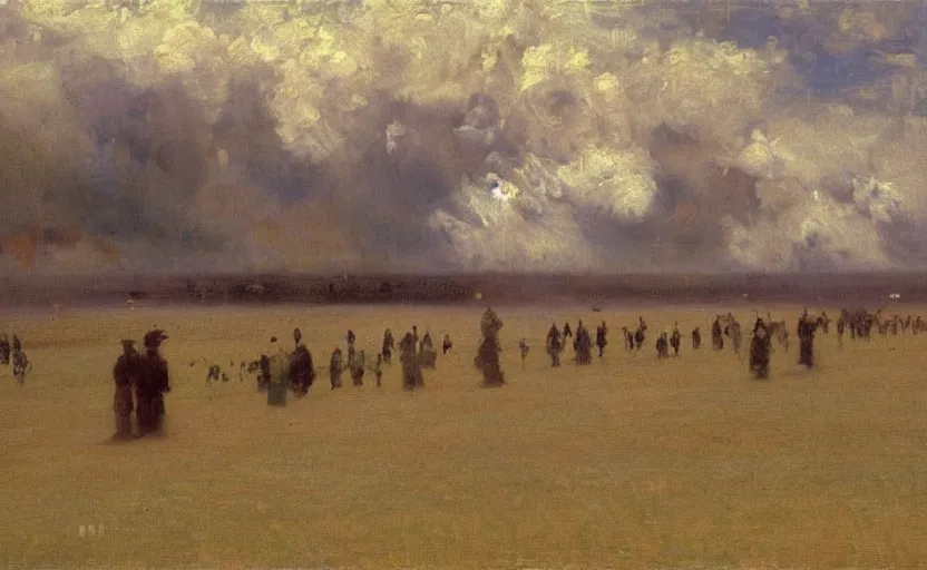 Image similar to high quality high detail painting by ilya repin, a long row of people standing in the clouds, hd