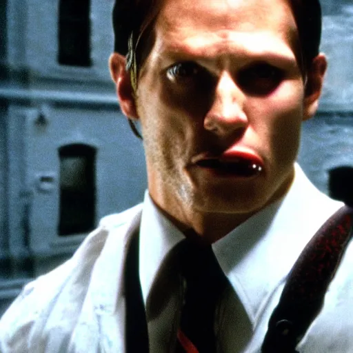 Image similar to Leon Kennedy from Resident Evil as The American Psycho, sweating intensely, cinematic still