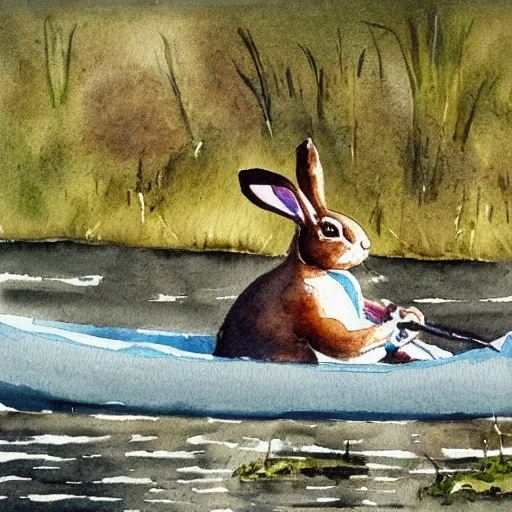 Prompt: a rabbit paddling a kayak on a small stream, watercolour realism