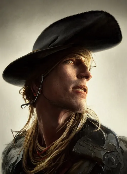 Image similar to a Photorealistic dramatic hyperrealistic render of a male cyborg dressed as a cowboy weaing a long black coat with a black cowboy hat, brilliant white eyes, short white hair,by WLOP,Artgerm,Greg Rutkowski,Alphonse Mucha, Beautiful dynamic dramatic dark moody lighting,shadows,cinematic atmosphere,Artstation,concept design art,Octane render,8K