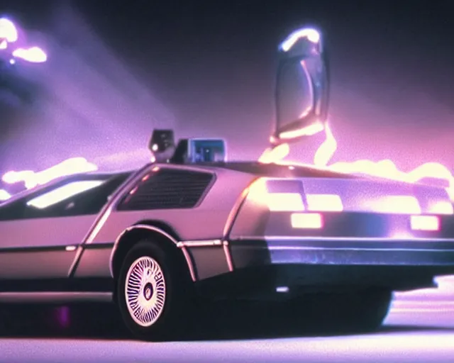 Image similar to still of delorean from bttf, traveling in time at high speed, long exposure, ultra - realistic and intricate, epic neon lighting