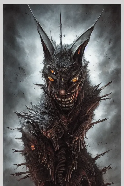 Image similar to portrait of a wolf ork bat hybrid by hr giger, greg rutkowski, luis royo and wayne barlowe as a diablo, resident evil, dark souls, bloodborne monster