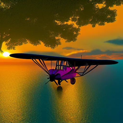 Image similar to a small engine biplane taking off over a lagoon in Thailand, sunset, synthwave, highly detailed, Ultra HD, unreal engine,