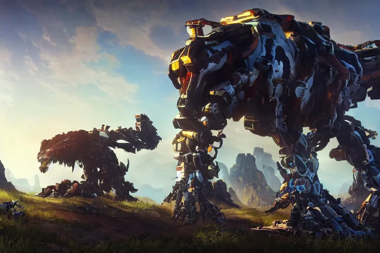 Prompt: burrower machine mecha animal beast robot of horizon forbidden west horizon zero dawn bioluminiscence global illumination ray tracing hdr fanart arstation by sung choi and eric pfeiffer and gabriel garza and casper konefal