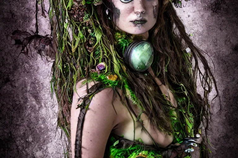 Image similar to fantasy mystical forestfolk cyberpunk dryad fashion zine photography