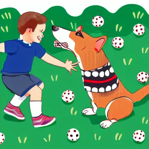 Image similar to illustration of french boy in paris playing football against a corgi, the corgi is wearing a polka dot scarf