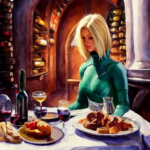 Prompt: blonde hot woman in wine cellar, boba fett!, drinking beer, eating meat, cozy, inviting, atmospheric, torches on the wall, watercolor! by vladimir volegov