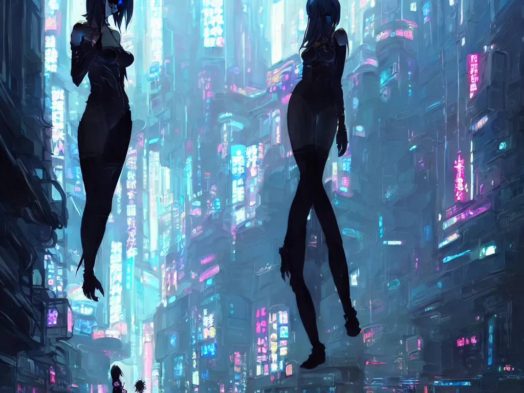 Image similar to Beautiful full body portrait of beautiful cyberpunk woman by Greg Rutkowski and Krenz Cushart and Pan_Ren_Wei and Hongkun_st and Bo Chen and Enze Fu and WLOP and Alex Chow, Madhouse Inc., anime style, crepuscular rays, set in rainy futuristic cyberpunk Tokyo street, dapped light, dark fantasy, feminine figure, smooth skin, gorgeous, pretty face, beautiful fashion model body, high detail, hyper realistic, cgsociety, trending on artstation