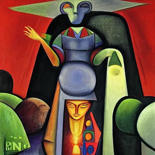Image similar to the shaman of the subway, an art deco painting by leo and diane dillon and diego rivera, dramatic lighting, god rays, smooth, sharp focus, art brut, outsider art