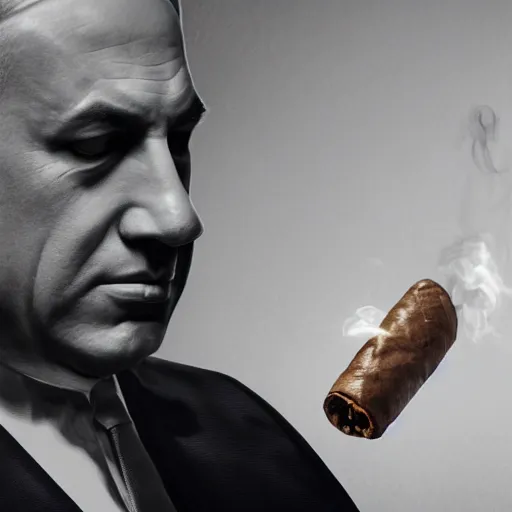 Image similar to a portrait of benjamin netanyahu as an advanced cyborg smoking a cigar, smoke in background, grainy, dramatic lighting, octane render, neutral colors, sharp, 4 k