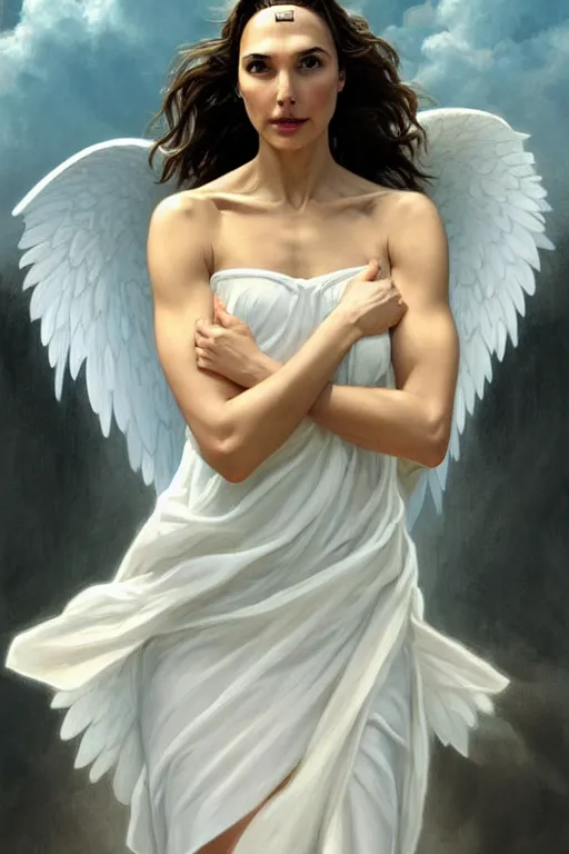 Prompt: symmetrical!! looking at the camera!!! a portrait of an angel gal gadot wearing a white silky dress, upper body, concept art, deep focus, sky, heaven, clouds, intricate, highly detailed, digital painting, artstation, matte, sharp focus, illustration, art by greg rutkowski and alphonse mucha