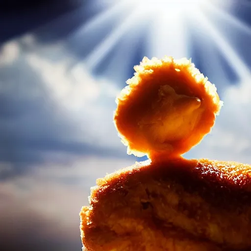 Image similar to happy chicken nugget resting on a cloud, dramatic lighting, high contrast