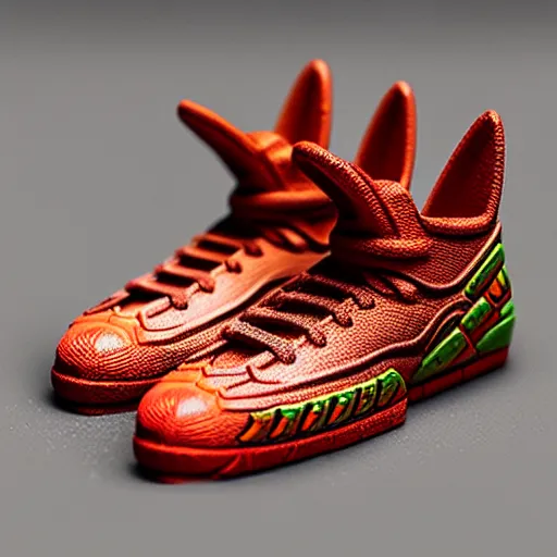 Image similar to realistic scultpure of plastic toy sneaker! design, sneaker design overwatch botw fantasy style mixed with aztec mayan native street fashion, focus on sneakers only, shoes designed by akira toriyama and studio ghibli