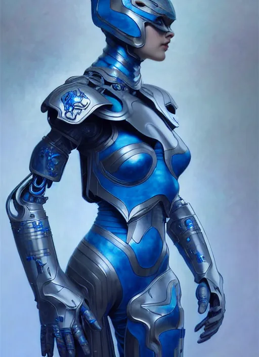 Image similar to ceramic cyborg armor, Chinese blue, diffuse lighting, fantasy, intricate, elegant, highly detailed, lifelike, photorealistic, digital painting, artstation, illustration, concept art, smooth, sharp focus, art by John Collier and Albert Aublet and Krenz Cushart and Artem Demura and Alphonse Mucha