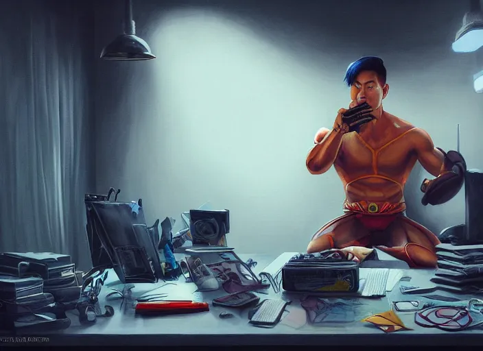 Image similar to an insanely detailed painting of an asian man wearing a homemade superhero costume, sitting at a desk, staring seriously at the computer and typing, in the style of peter mohrbacher, james jean, artgerm, dramatic lighting and composition, surreal background, octane render, pixar, trending on artstation, concept art, comic book, view from behind, 8 k