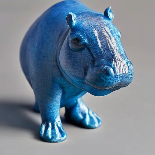 Prompt: a small sculpture of a hippo, the top half made of clear blue epoxy resin, the bottom half is made of carved and polished wood