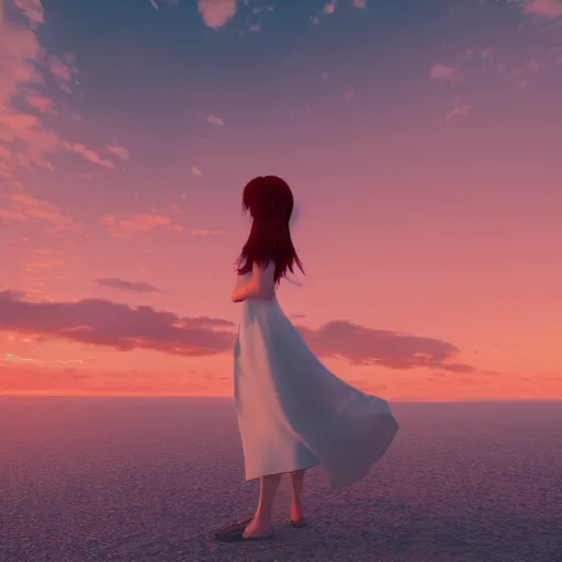 Prompt: octane render panoramic shot of a beautiful anime girl in a long white dress on a beach. Red hair, dramatic lighting, trending on artstation,manga cover