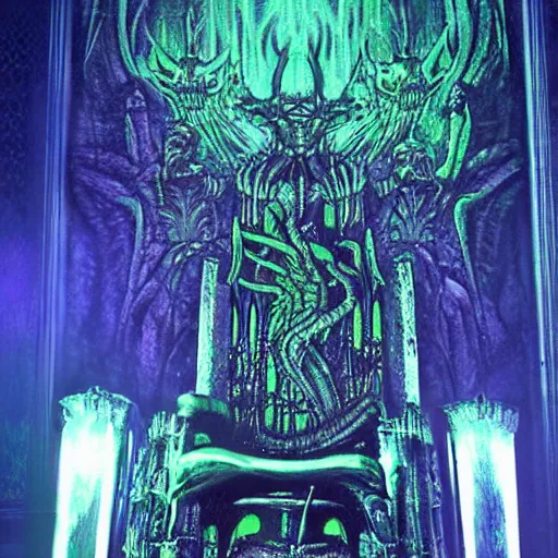 Prompt: a giger nightmare throne, dark neon colors shade glow backlit, evil throne of power, photo pic by realistic horror