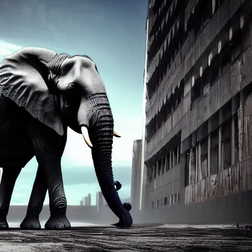 Image similar to elephant in a post apocalyptic city where the sky is green