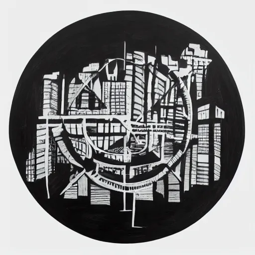 Image similar to a perfect circle where the inside is empty blank space and around the outer edge of the circle is the silhouette of a city skyline, black and white, minimalist, in the style of a charcoal drawing, made by david mellen