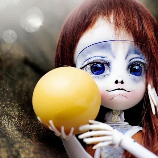 Image similar to lovely realistic ball jointed high end lapis lazuli porcelain with gold inclusions skeleton doll with cute white yellow overalls and cute nature themed accessories, inside gothic doll manor bedroom, god rays, dust particles, photorealistic, aesthetic shot, worms eye view, macro camera lens, high definition, cartoon proportions, cinematic, lens flare