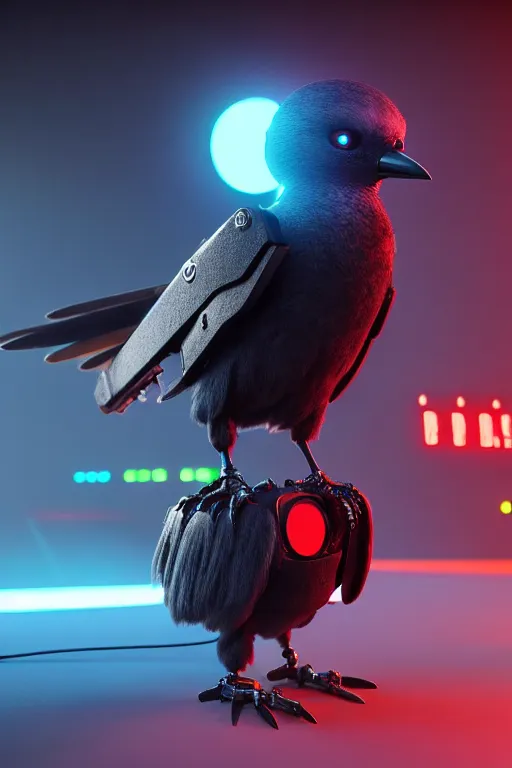 Image similar to high quality 3 d render very cute cyborg crow! sings into microphone!!, cyberpunk highly detailed, unreal engine cinematic smooth, in the style of blade runner & detective pikachu, hannah yata charlie immer, moody light, low angle, uhd 8 k, sharp focus