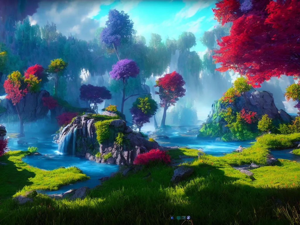 Image similar to beautiful colorful fantasy landscape, rtx, unreal engine 5, cryengine, render