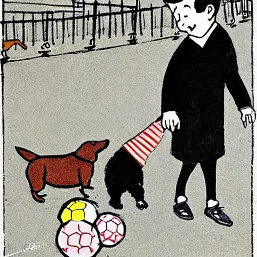 Prompt: illustration of french boy on the streets of paris playing football against a corgi, the dog is wearing a polka dot scarf, comic, 1 9 6 6