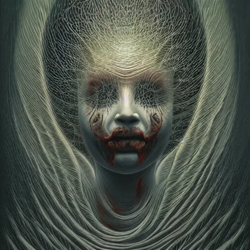 Image similar to dramatic portrait painting of woman with black mandelbrot fractal instead of face, in style of zdzisław beksinski, horror, body horror, dark, disturbing,