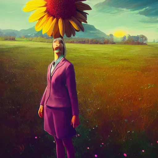 Image similar to giant daisy flower head, frontal, girl in a suit, surreal photography, sunrise, dramatic light, impressionist painting, digital painting, artstation, simon stalenhag