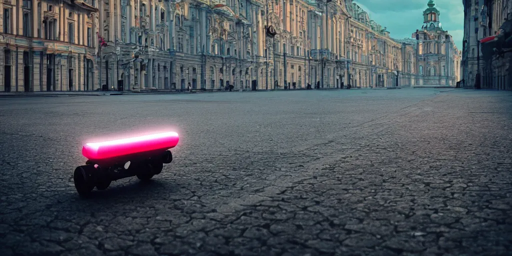 Image similar to cinematic street shot of a hoverboard flying floating city saint petersburg city, telephoto, anamorphic cinematography, beautiful composition, color theory, leading lines, photorealistic, moody volumetric lighting