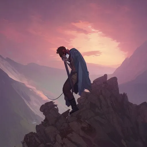 Image similar to a male dj mixing his music alone on the top of a mountain, highly detailed, digital painting, Artstation, concept art, dreamy, smooth, sharp focus, illustration, art by Greg Rutkowski, Alphonse Mucha