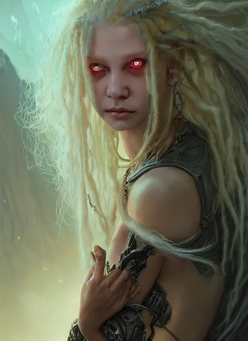 Prompt: fantasy changeling girl with blonde dreadlocks revealing her true nature, evil eyes, dim light, front game card, marvel comics, dark, intricate, highly detailed, smooth, artstation, digital illustration by ruan jia and mandy jurgens and artgerm and wayne barlowe and greg rutkowski and zdislav beksinski