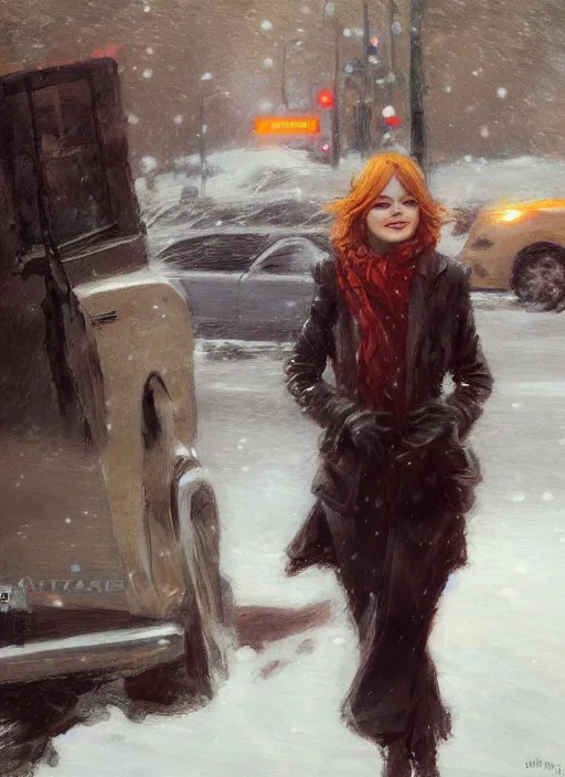 Image similar to emma stone getting out of a taxi in winter, artwork by gaston bussiere, craig mullins, trending on artstation