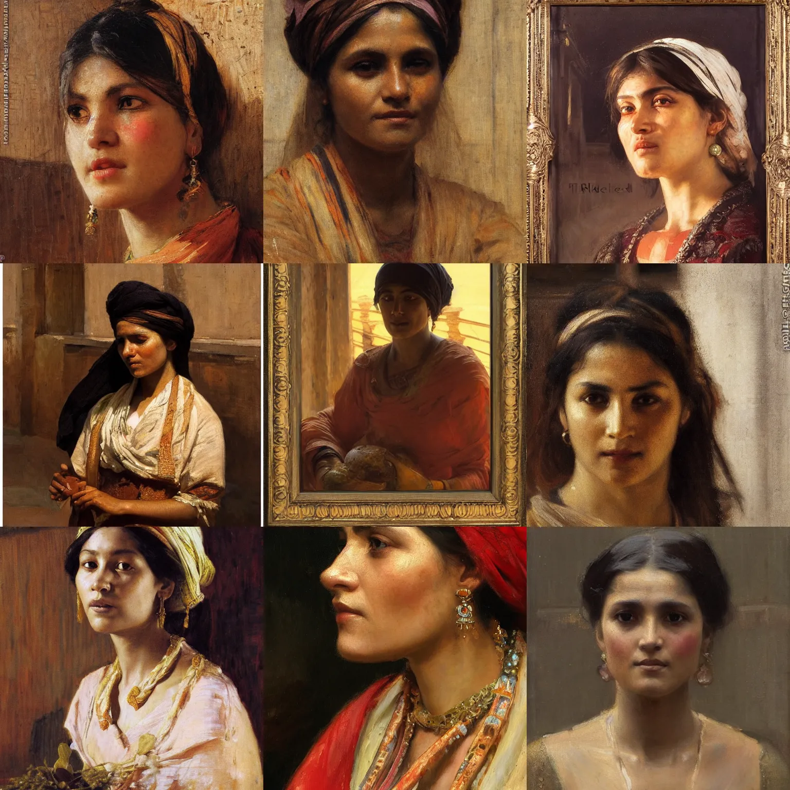 Prompt: orientalism face detail of a young woman exile standing in a spice market by theodore ralli and nasreddine dinet and anders zorn and nikolay makovsky and edwin longsden long, oil on canvas, masterful intricate artwork, excellent lighting, high detail 8 k