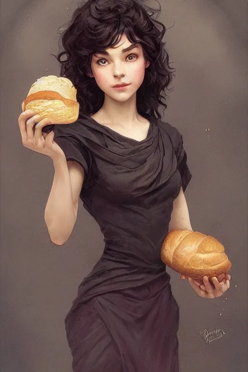 Image similar to beautiful goblincore of a girl with short black curly hair, round face, cute face, holding a loaf of bread. intricate, elegant. highly detailed, digital painting, artstation, concept art, smooth, sharp, focus, illustration. . art by artgerm and greg rutkowski and alphonse mucha