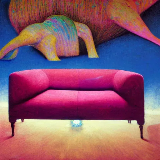 Image similar to psychedelic couch sofa costa blanca, designed by arnold bocklin, jules bastien - lepage, tarsila do amaral, wayne barlowe and gustave baumann, cheval michael, trending on artstation, mediterranean, star, sharp focus, colorful refracted sparkles and lines, soft light, 8 k 4 k