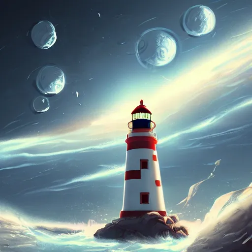 Prompt: lighthouse in space, digital art, artstation, devinart, light colors,