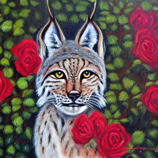 Prompt: an oil painting of a lynx waring a crown of roses, high quality art,