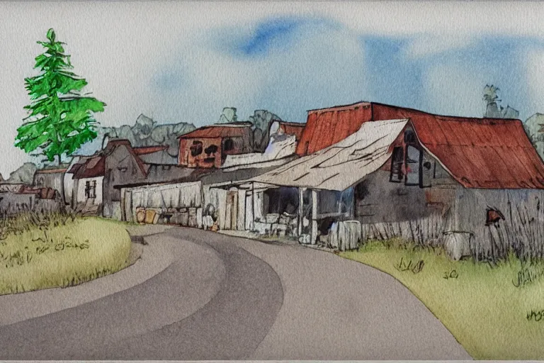 Image similar to country road store goose watercolor pen trending on artstation