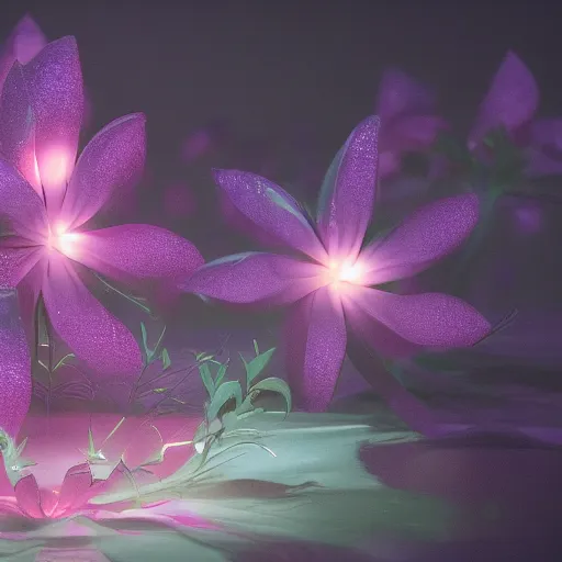 Image similar to Luminescent flower blooming at twilight, cgsociety, r /art, trending on artstation, artstationHD, octane render, highly detailed, vray, volumetric lighting, unreal engine