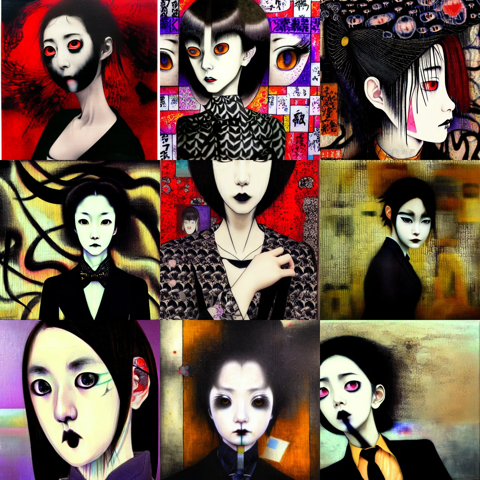 Image similar to yoshitaka amano blurred and dreamy realistic three quarter angle portrait of a young woman with black lipstick and black eyes wearing dress suit with tie, junji ito abstract patterns in the background, satoshi kon anime, noisy film grain effect, highly detailed, renaissance oil painting, weird portrait angle, blurred lost edges