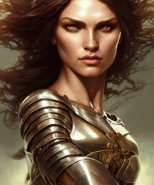 Image similar to Muscular and powerful medieval knight woman portrait, sci-fi, amber eyes, face, long hair, fantasy, intricate, elegant, highly detailed, digital painting, artstation, concept art, smooth, sharp focus, illustration, art by artgerm and greg rutkowski and alphonse mucha